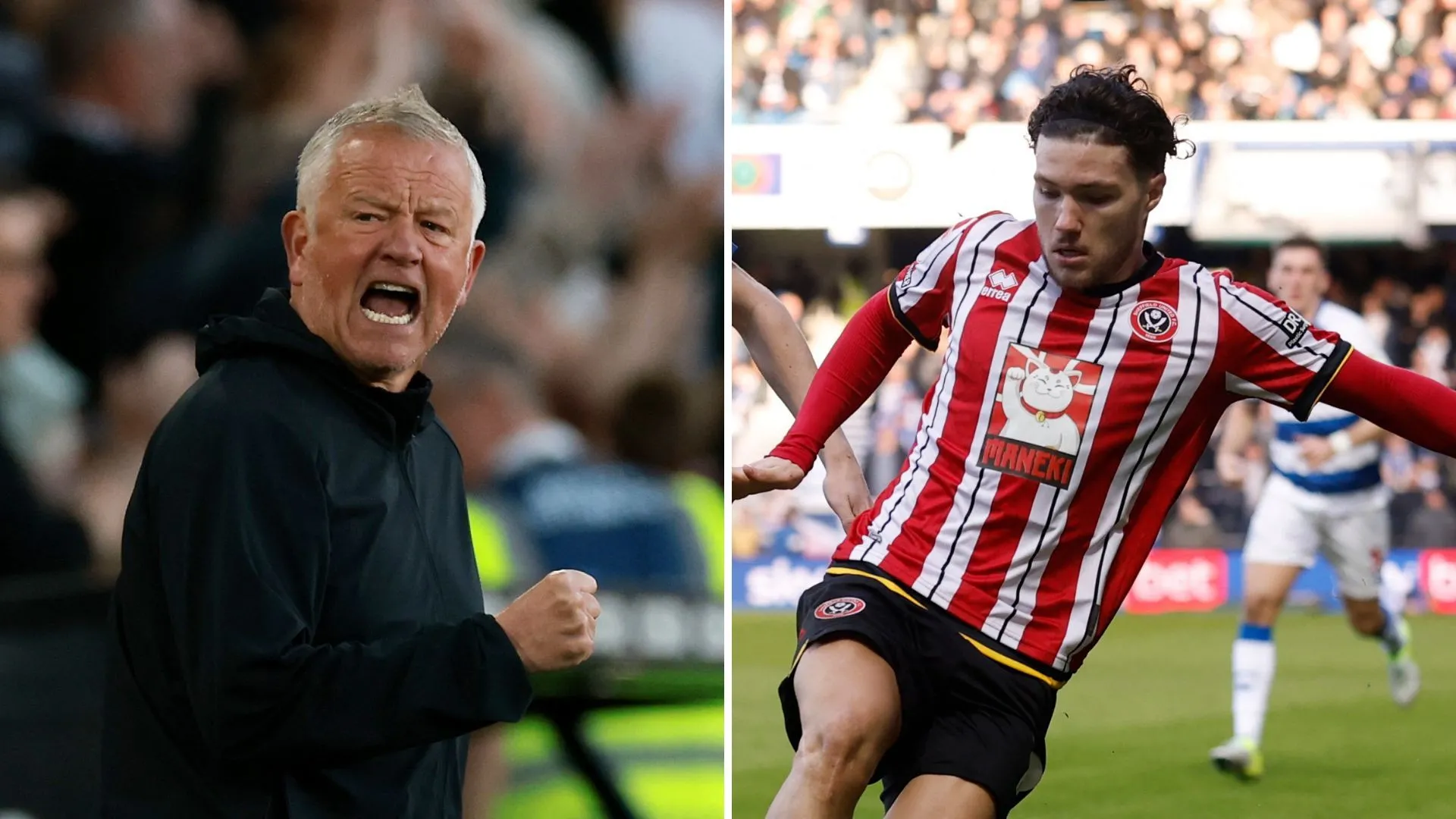 HLV Chris Wilder (trái) trao đổi với Callum O'Hare bên phía Coventry City trong trận bán kết play-off Championship