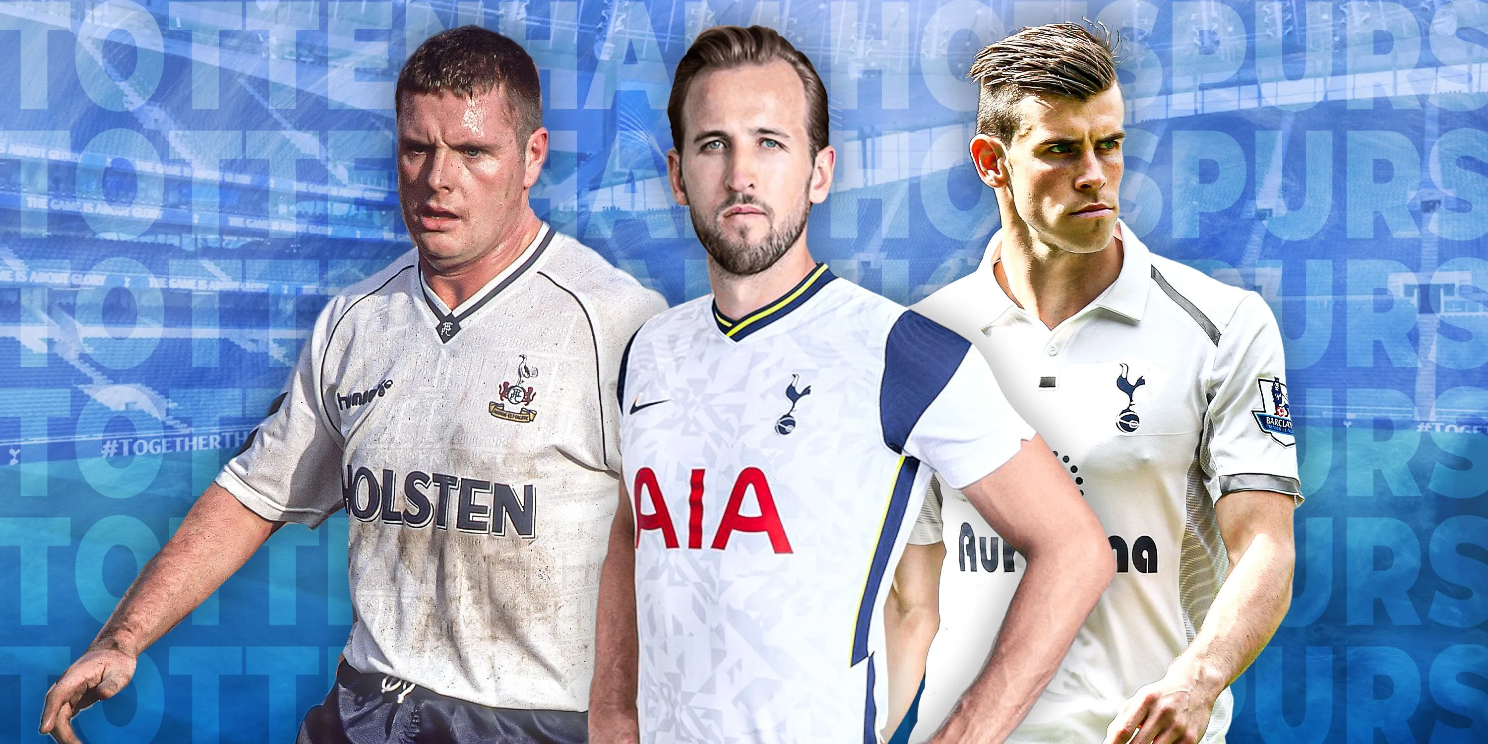 Hình ảnh minh họa về những cầu thủ xuất sắc của Tottenham như Gareth Bale, Harry Kane và Paul Gascoigne