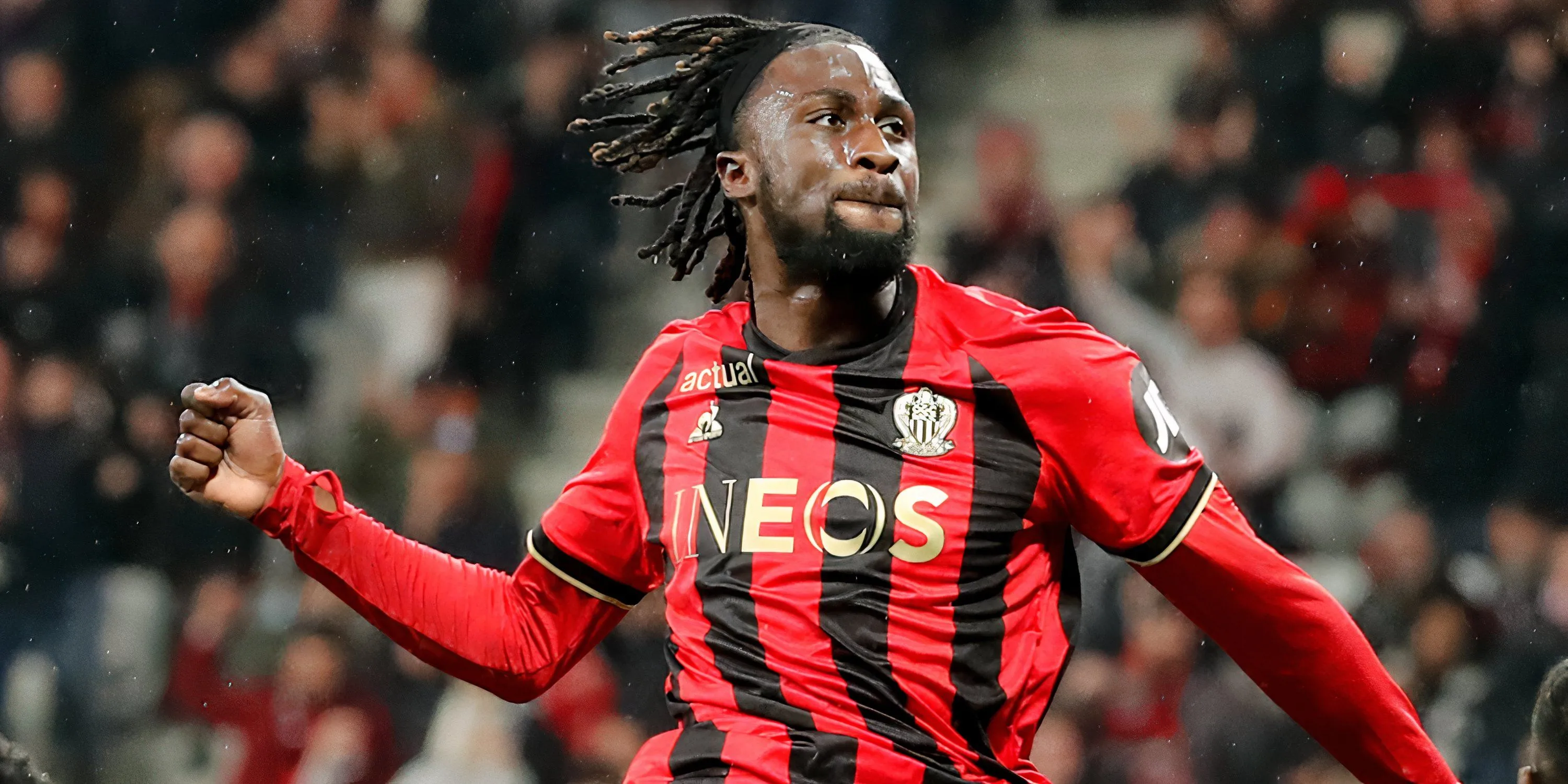 Evann Guessand ăn mừng bàn thắng trong màu áo Nice, tiền đạo được Crystal Palace săn đón