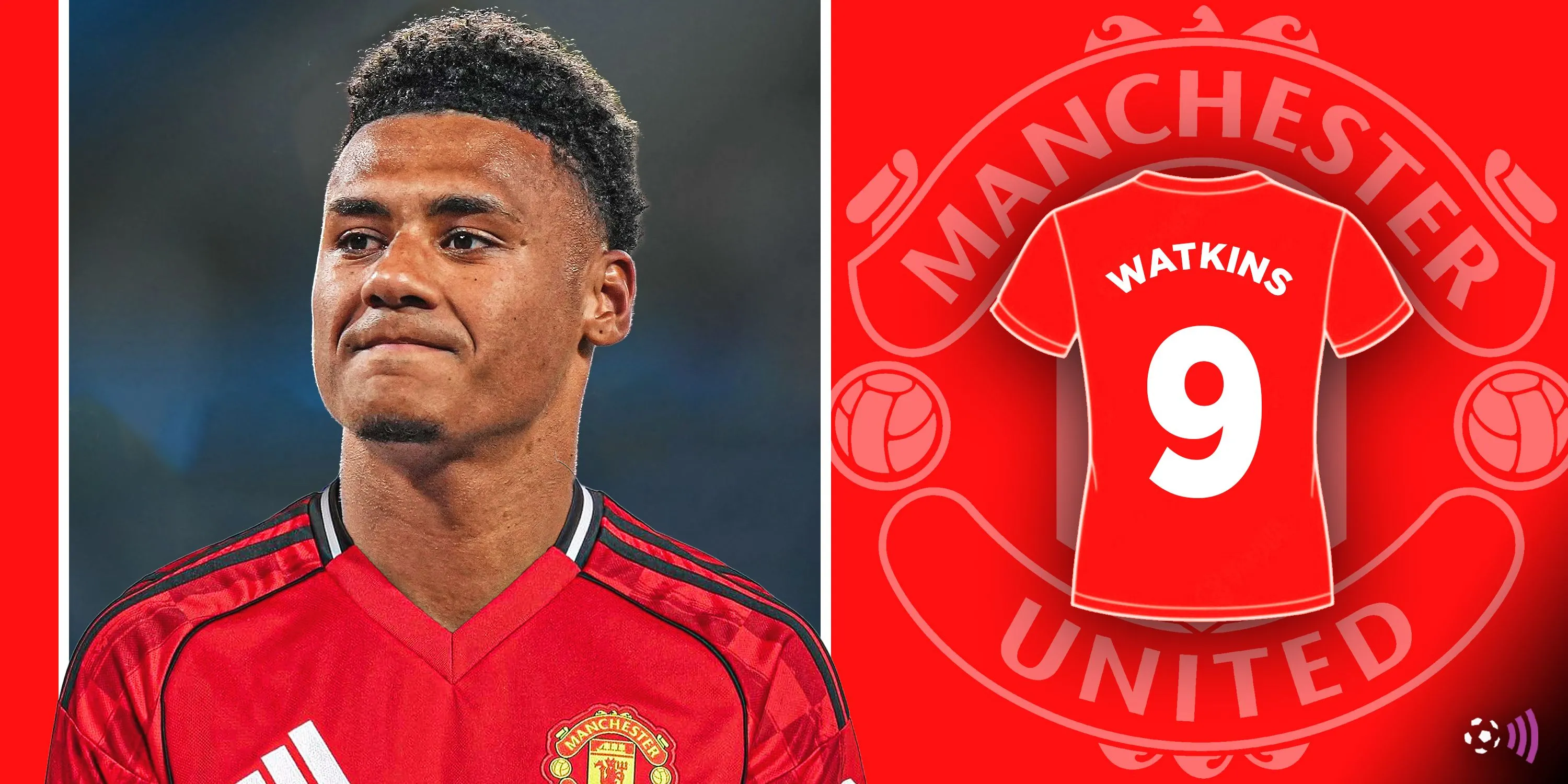 Áo đấu số 9 của Manchester United với tên Ollie Watkins, thể hiện mong muốn chuyển nhượng.