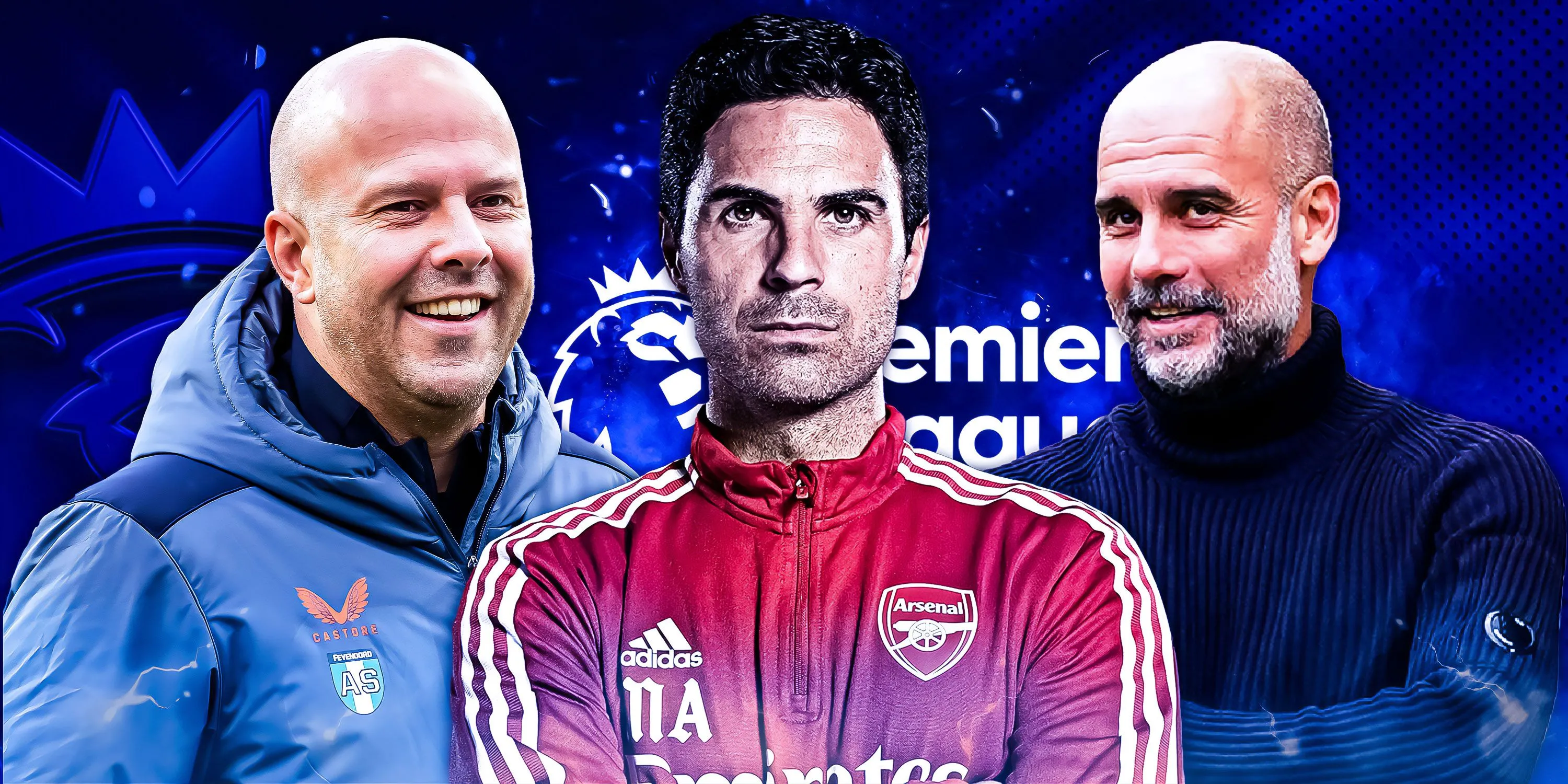 Arne Slot, Mikel Arteta và Pep Guardiola trong một bức ảnh ghép thể hiện các HLV hàng đầu Ngoại hạng Anh